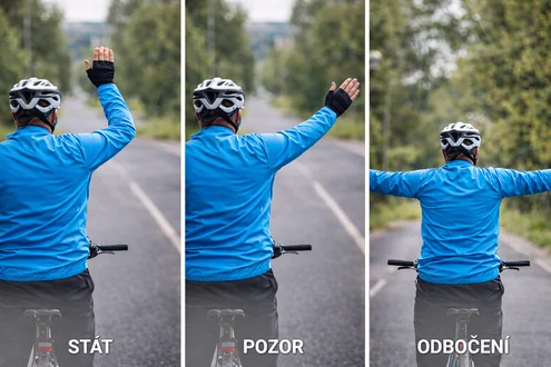 Skupina seniorů na kolech ukazující ruční signály na cyklostezce